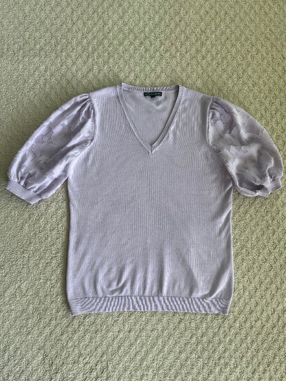 Adrianna Papell Floral Burnout Sleeve V-Neck Sweater Lavender Small Feminine